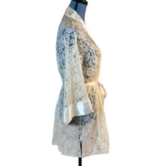 Victorias Secret Lace Kimono Robe One Size Fits Most Ivory &amp; Satin Trim
