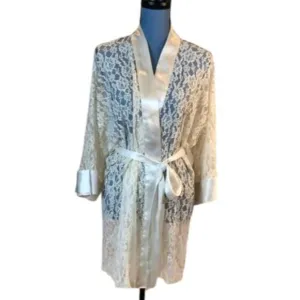 Victorias Secret Lace Kimono Robe One Size Fits Most Ivory &amp; Satin Trim