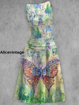 Vintage Bandhnu Blue Butterfly Print V-Neck Sleeveless Midi Dress