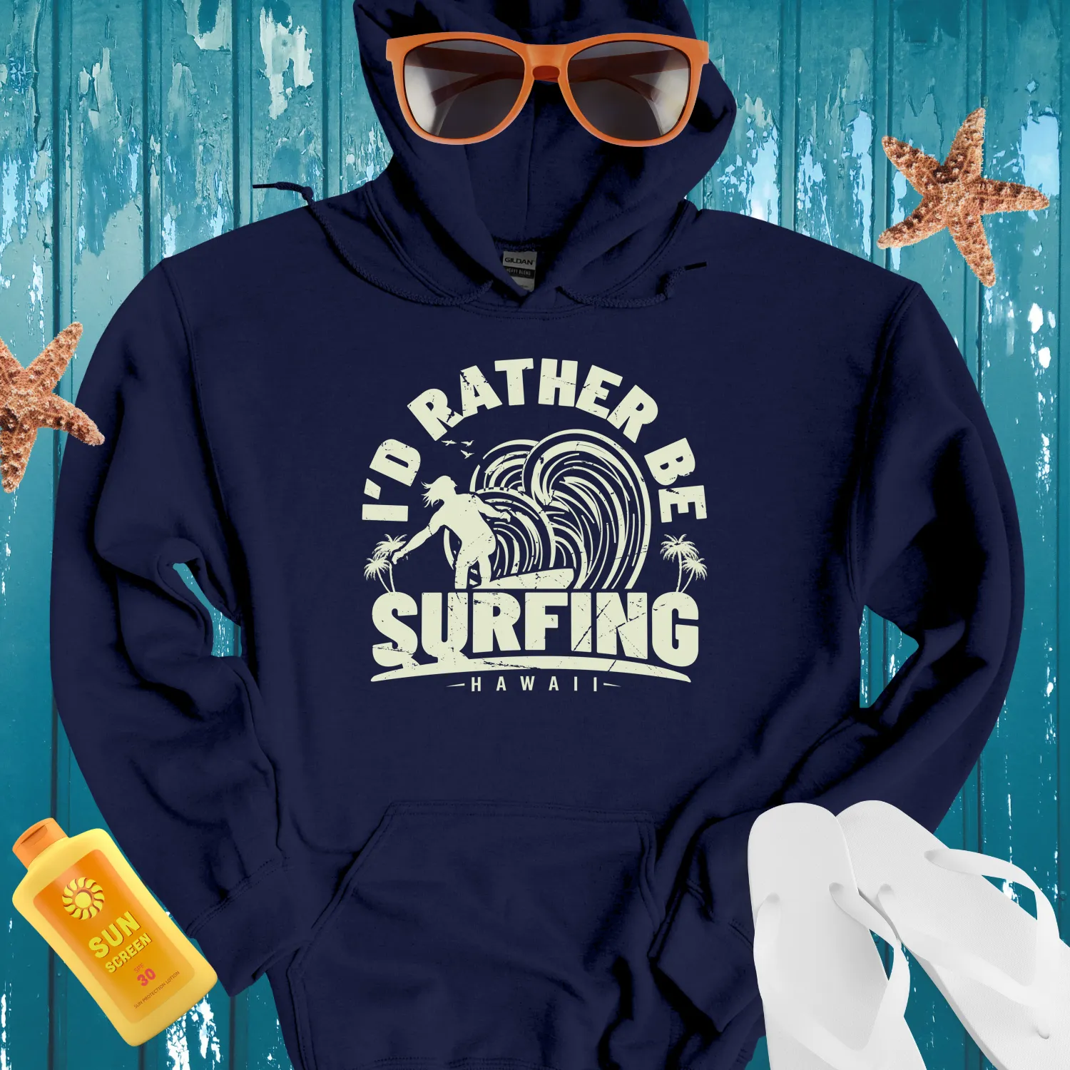 Vintage Inspired Surfing Hoodie Beach And Wave Design