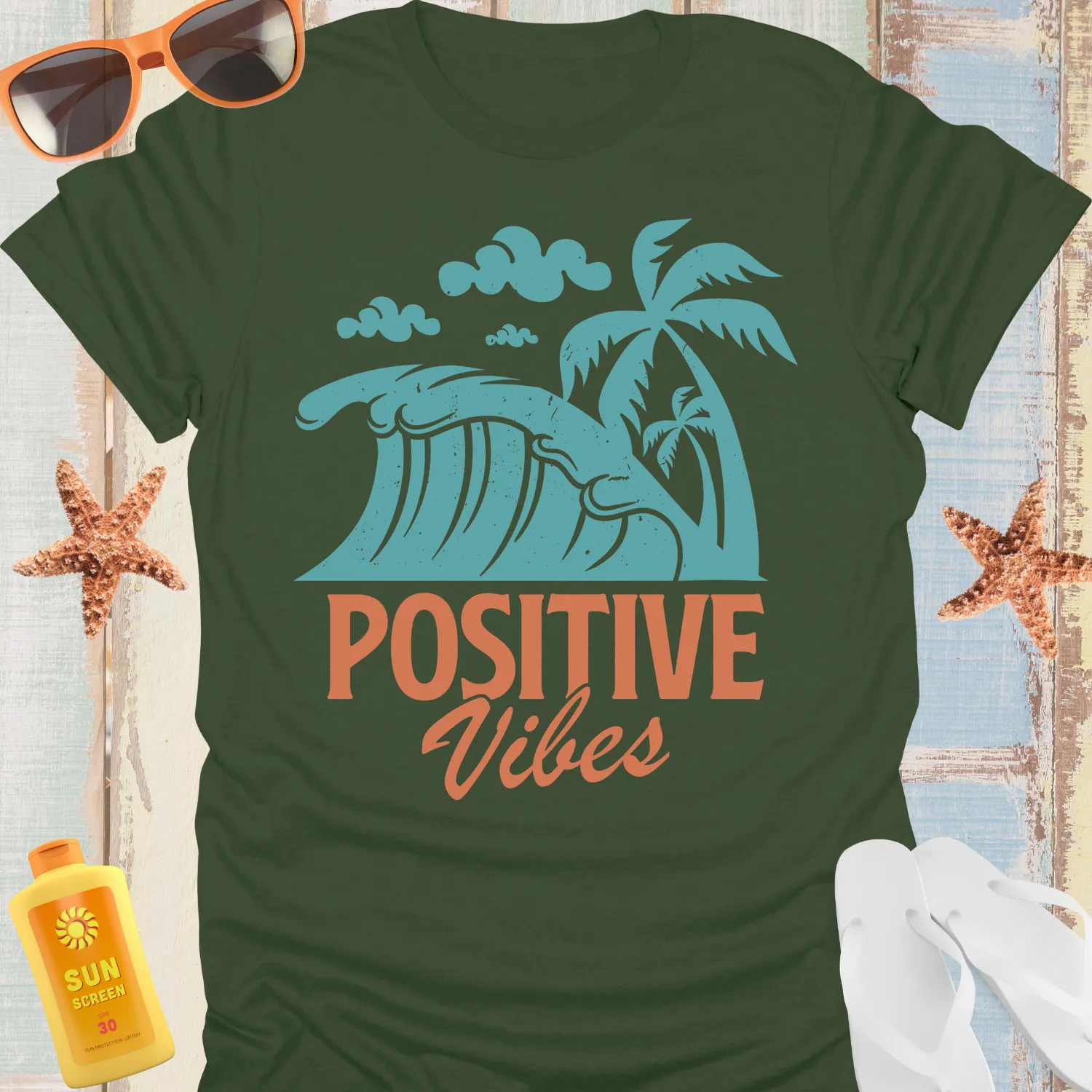 Vintage Style Ocean Wave T-Shirt With Positive Vibes