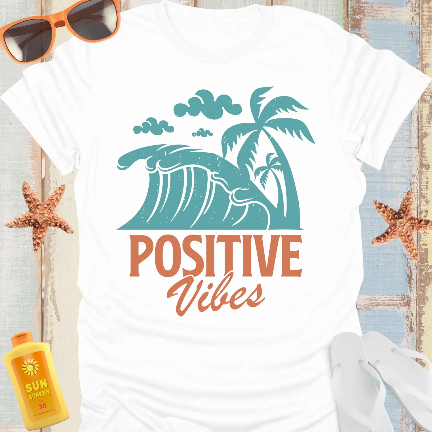 Vintage Style Ocean Wave T-Shirt With Positive Vibes
