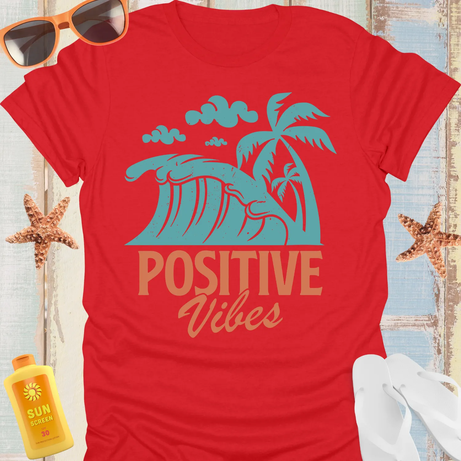 Vintage Style Ocean Wave T-Shirt With Positive Vibes