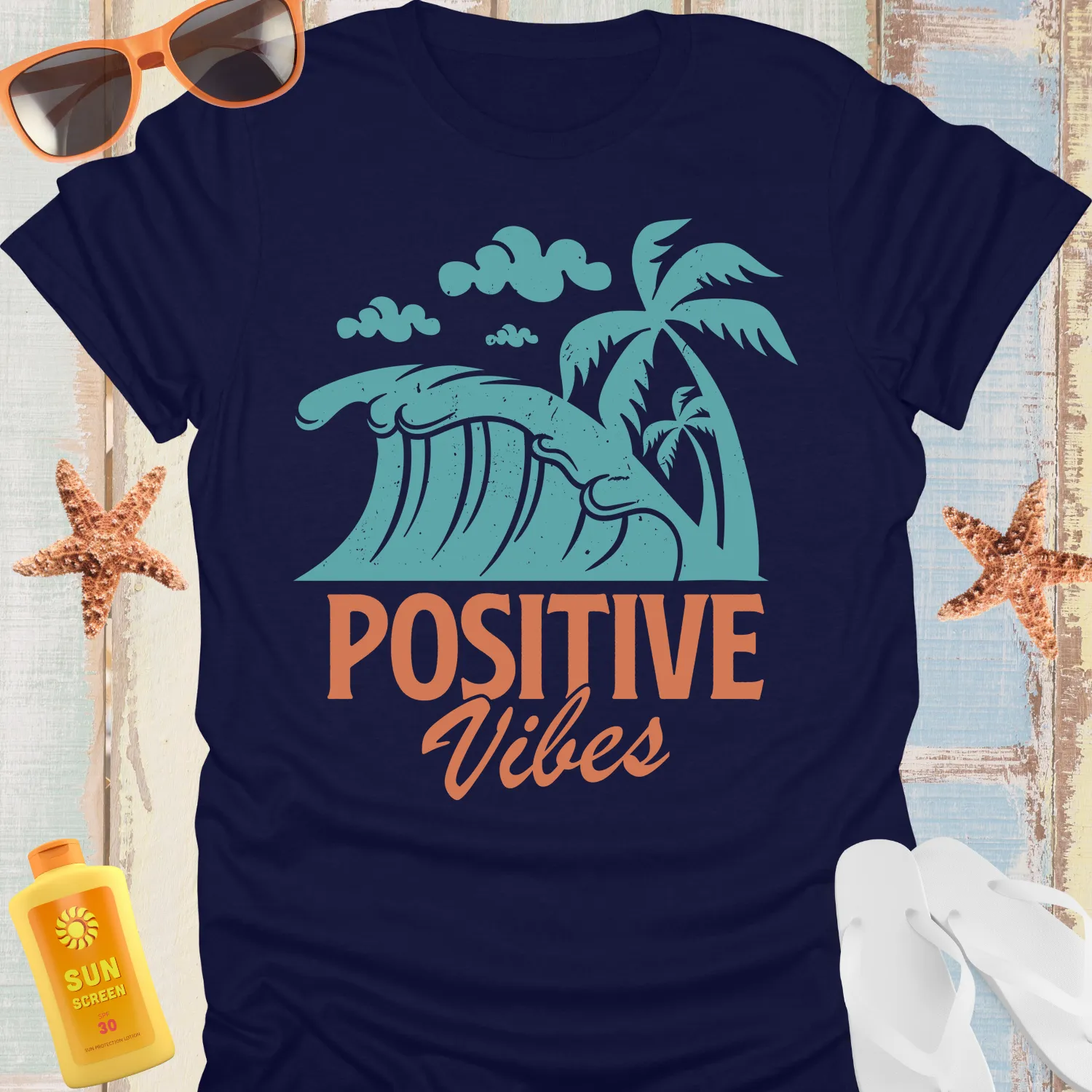 Vintage Style Ocean Wave T-Shirt With Positive Vibes