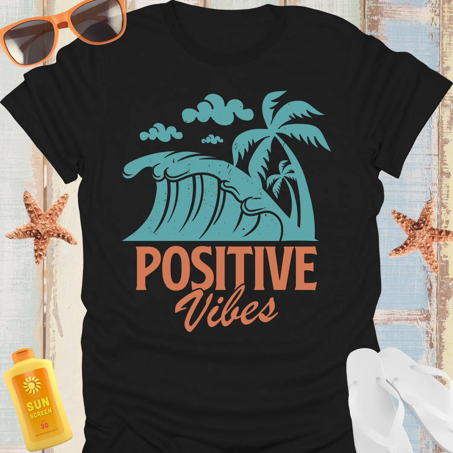 Vintage Style Ocean Wave T-Shirt With Positive Vibes