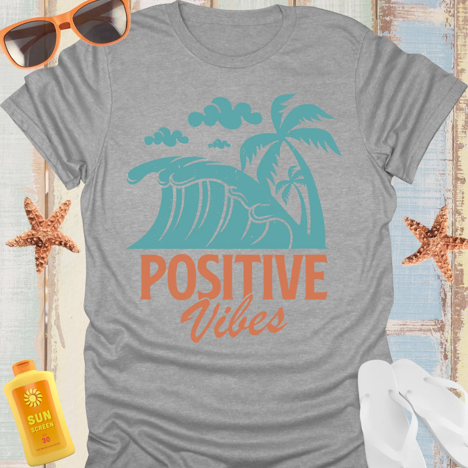 Vintage Style Ocean Wave T-Shirt With Positive Vibes