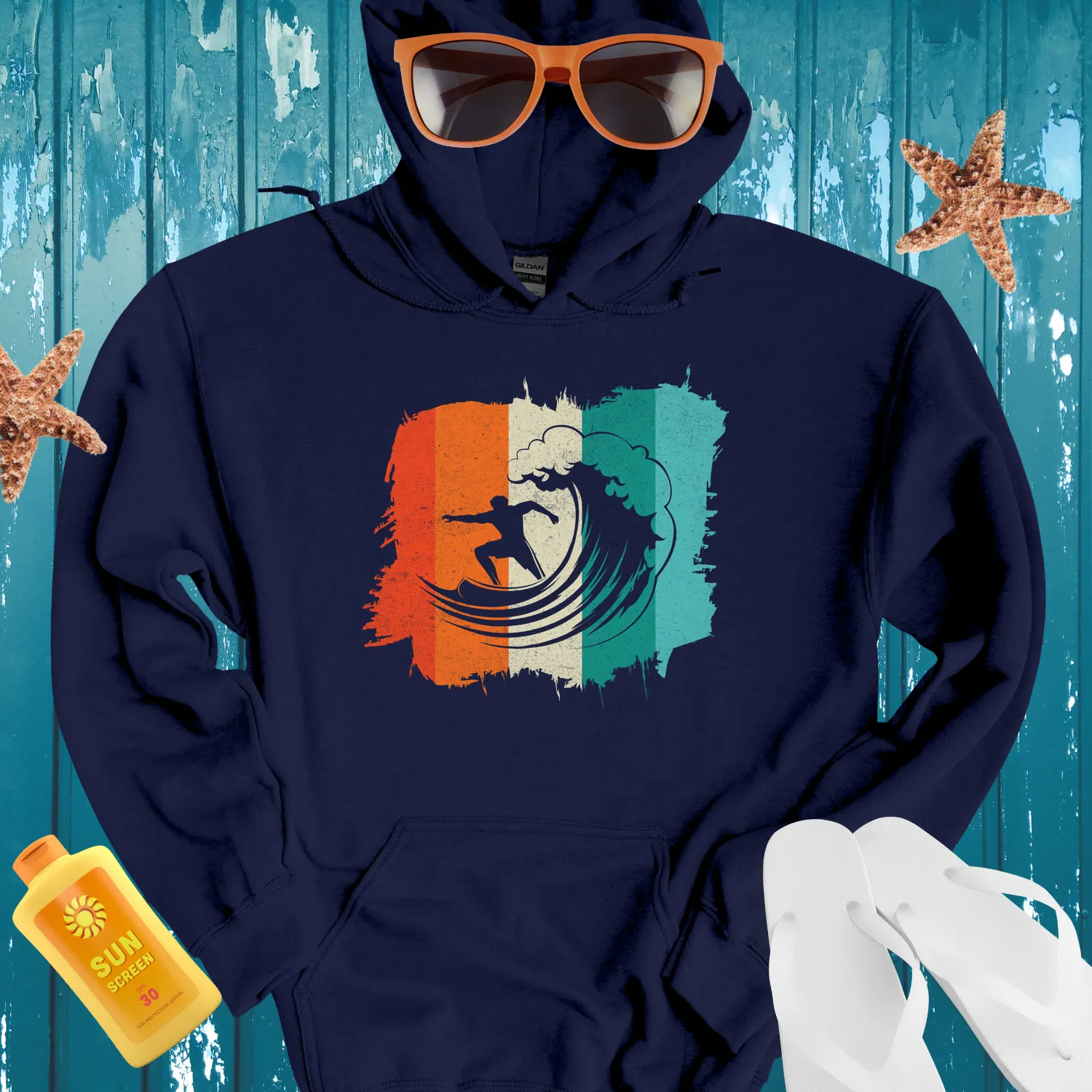 Vintage Surf Silhouette Hoodie With 70S Inspired Design