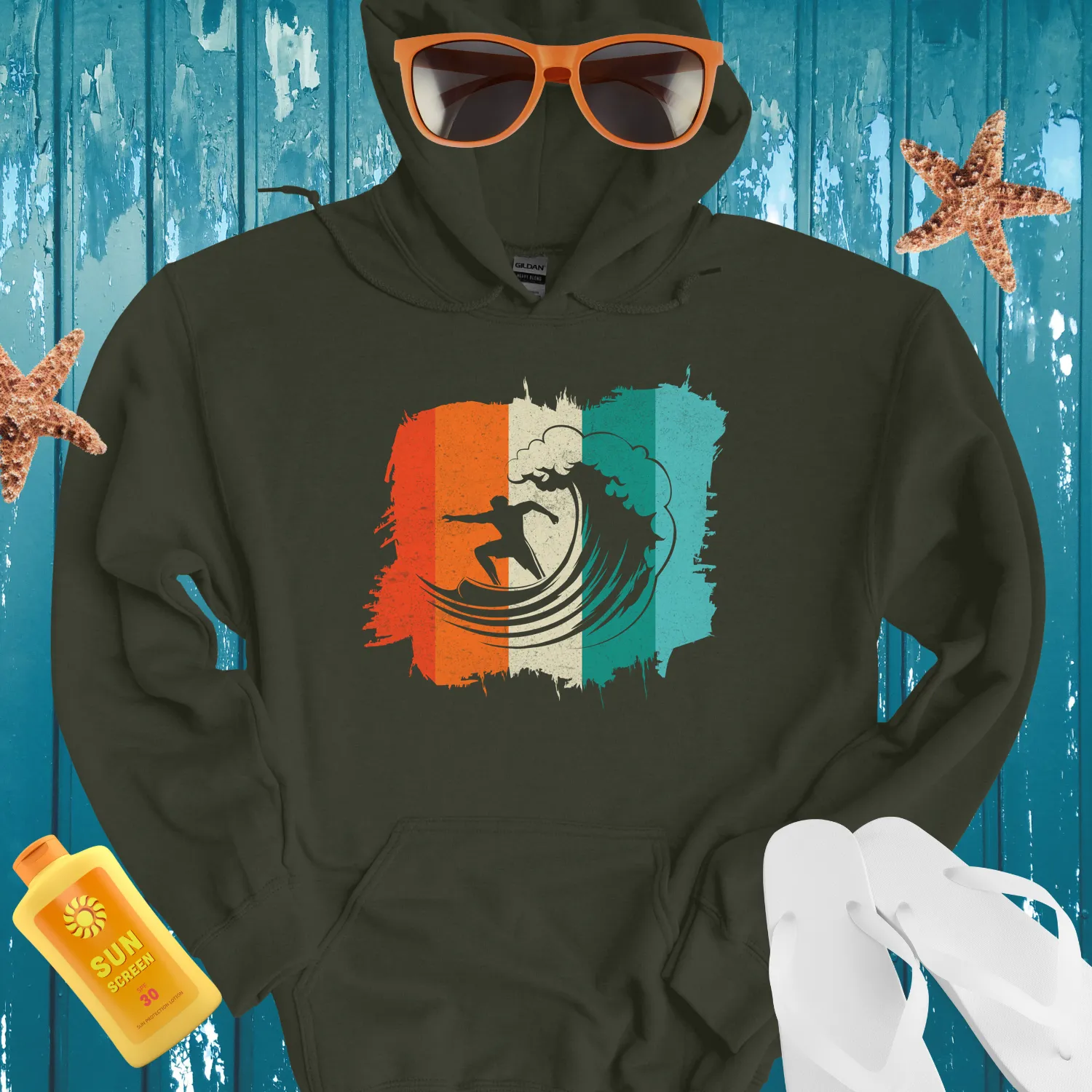 Vintage Surf Silhouette Hoodie With 70S Inspired Design