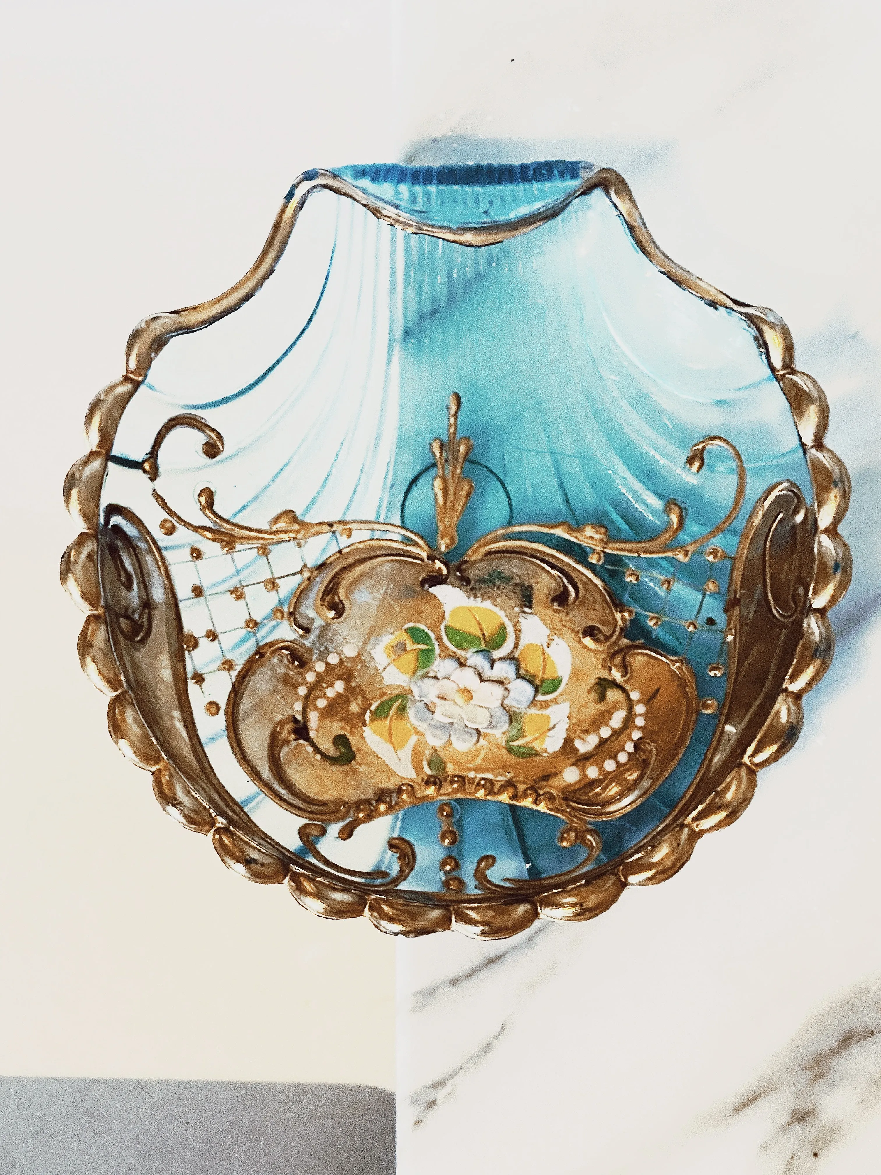 Vintage Turquoise Glass Hand-painted Shell Trinket Dish