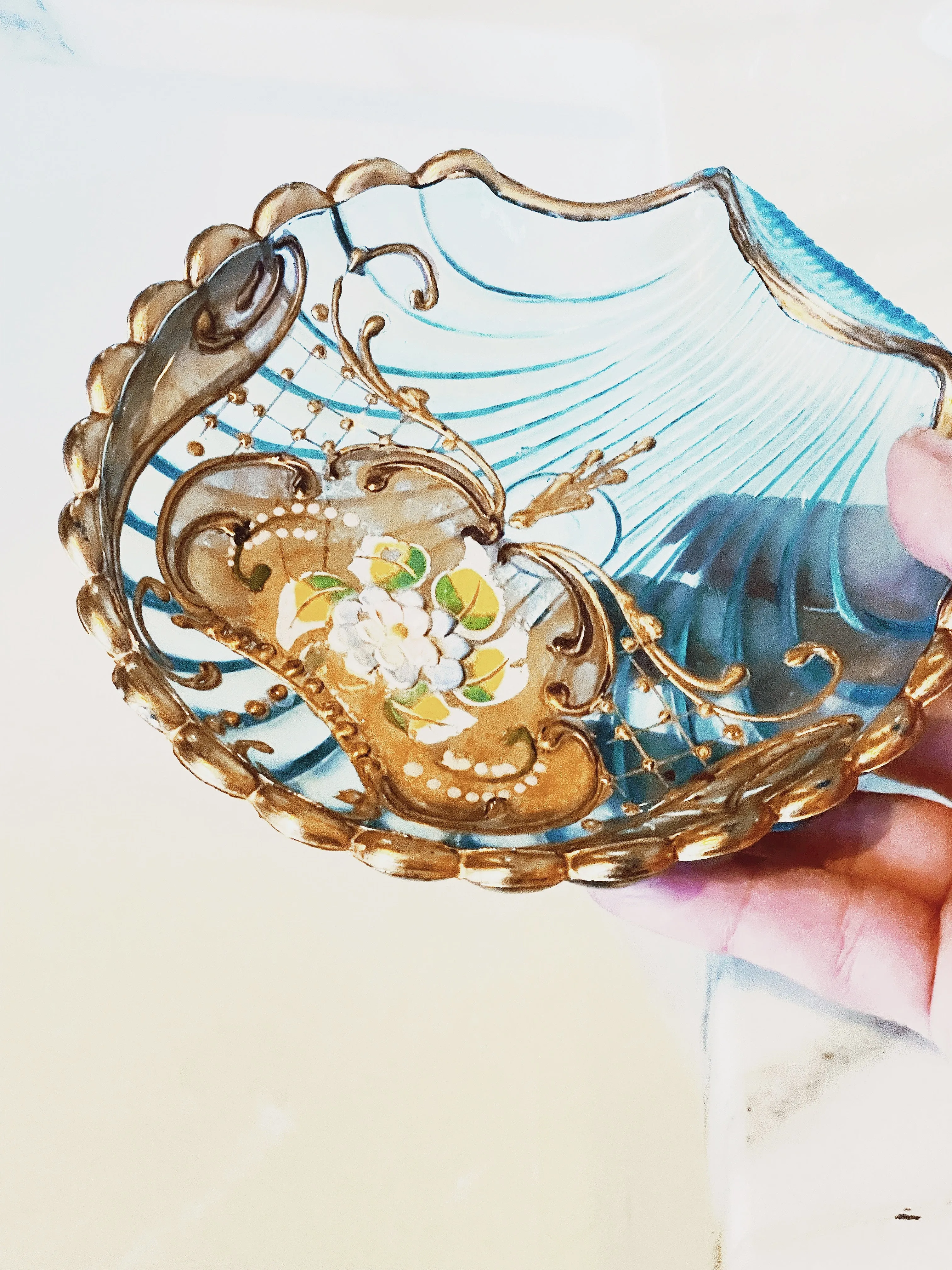 Vintage Turquoise Glass Hand-painted Shell Trinket Dish
