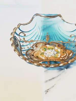 Vintage Turquoise Glass Hand-painted Shell Trinket Dish