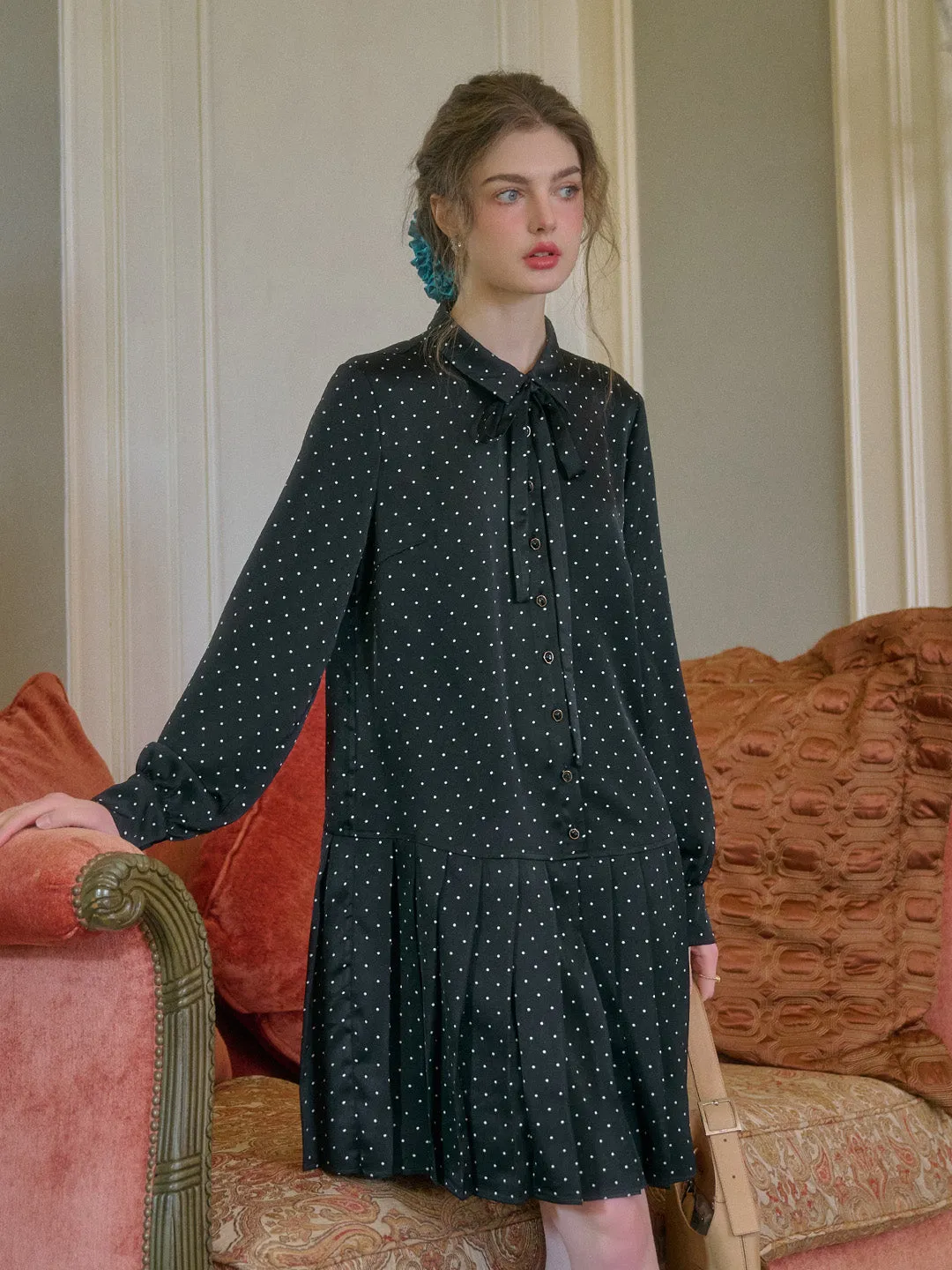 Violet Lapel Dots Pleated Dress