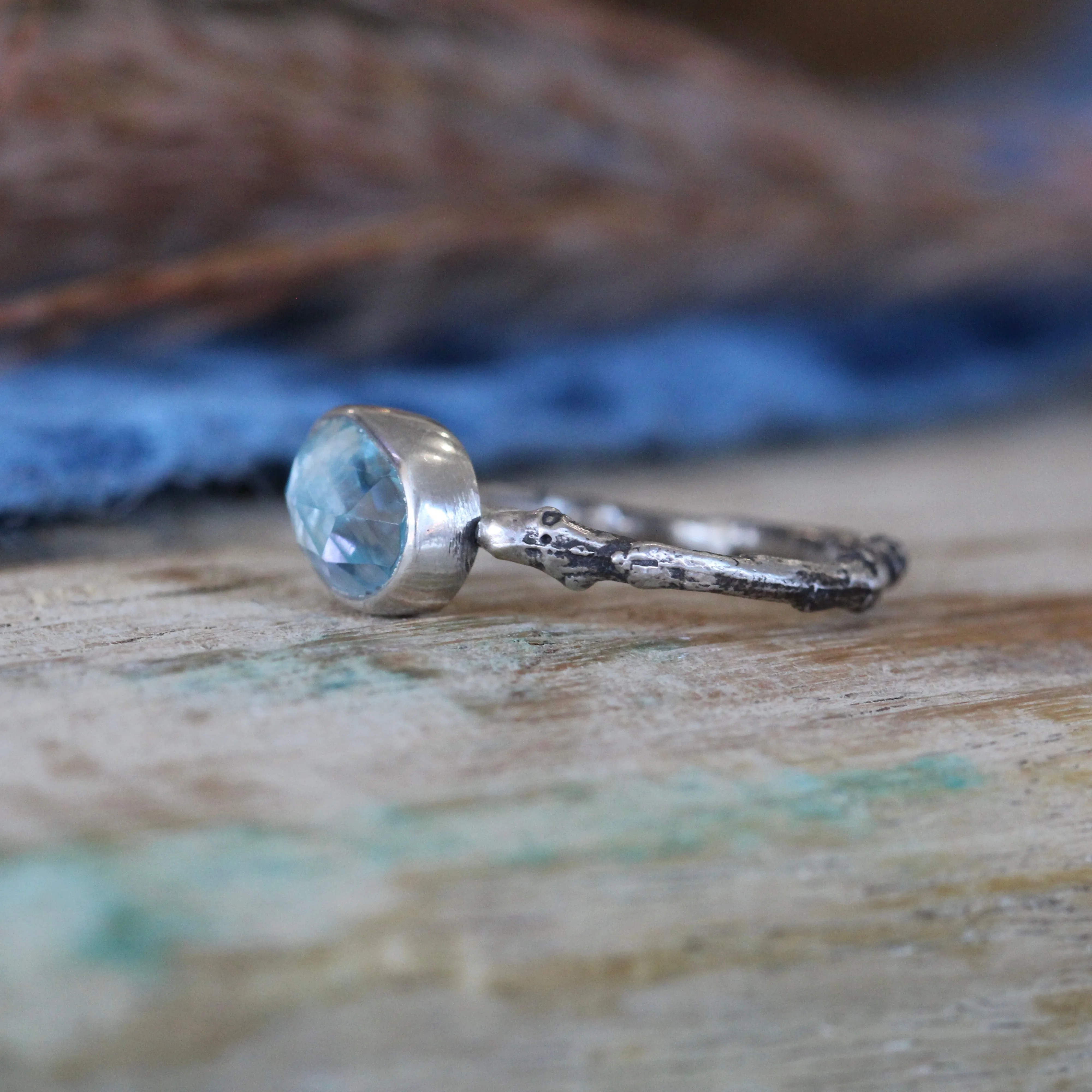 Wanderer Ring blue Topaz and sterling silver cast branch