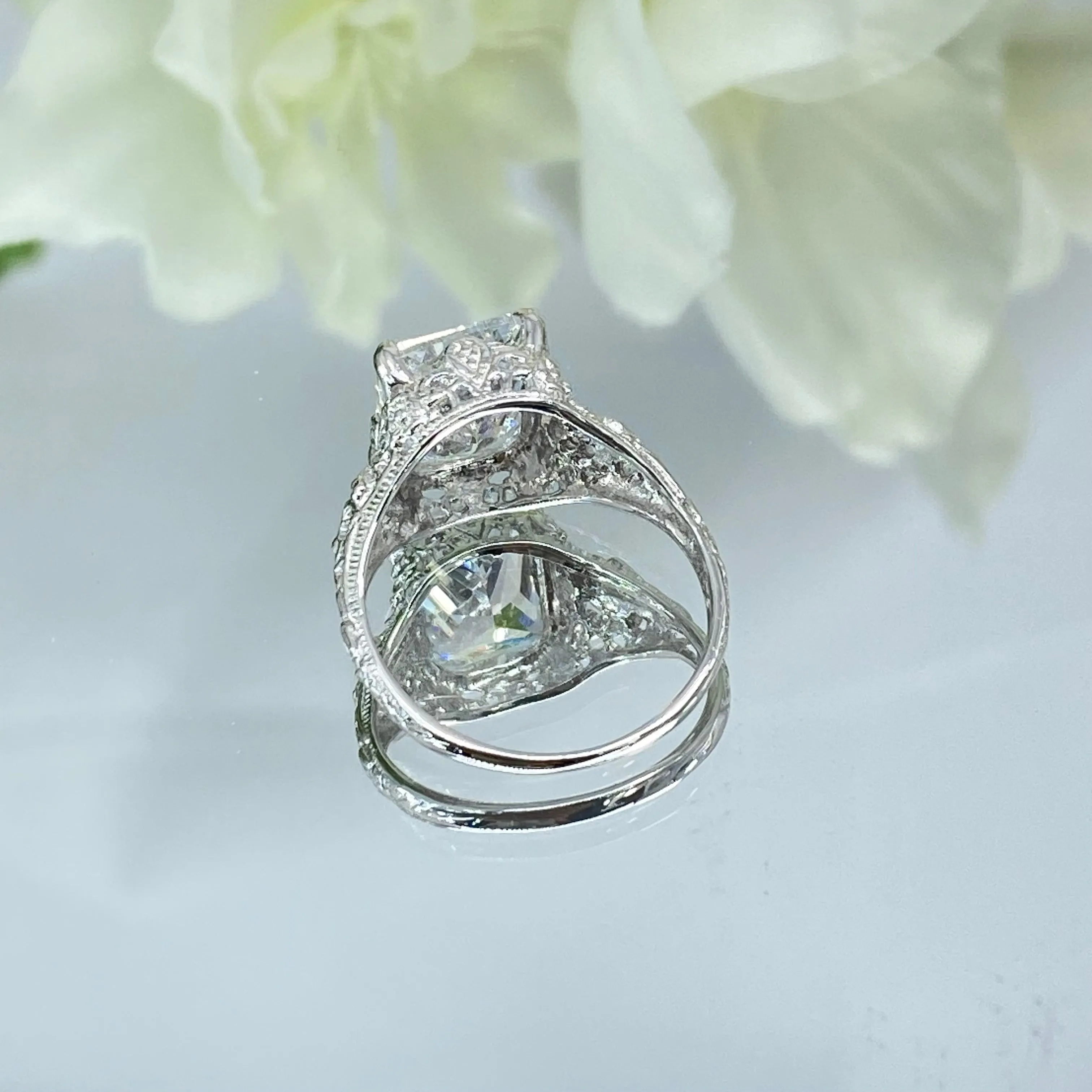 White CZ Ring, 4ct Rectangle Gem, White Gold plated Vintage Jewelry #D206