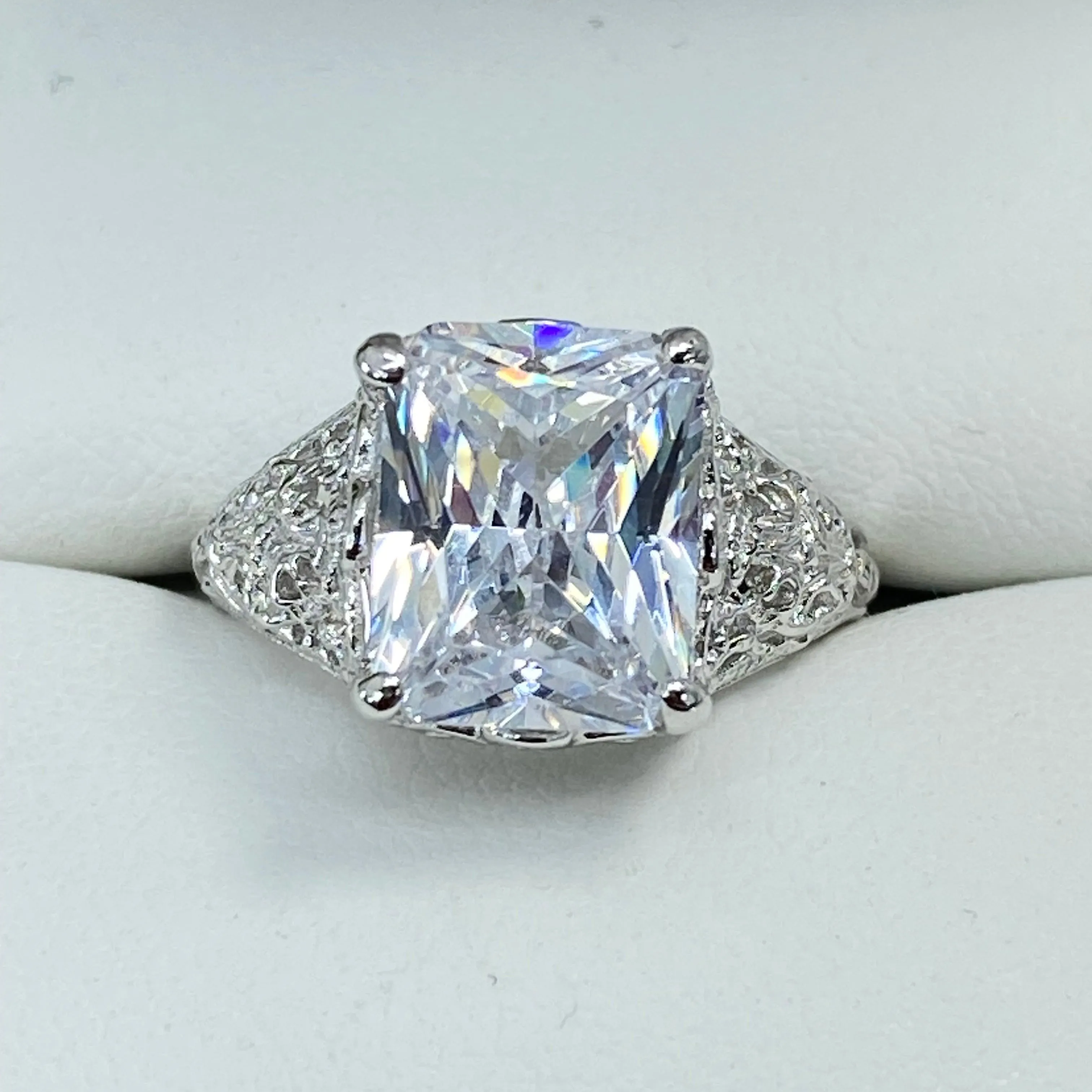 White CZ Ring, 4ct Rectangle Gem, White Gold plated Vintage Jewelry #D206