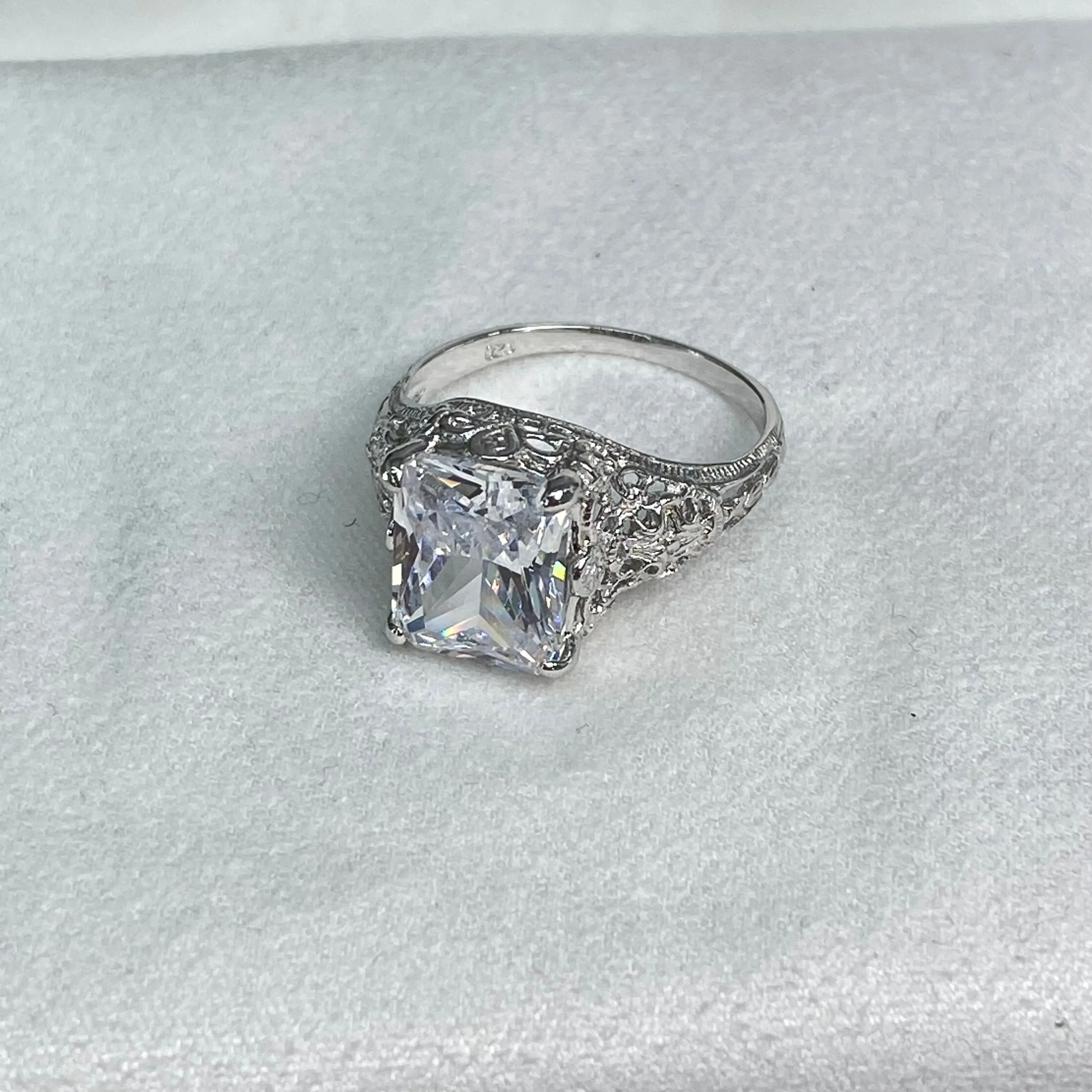 White CZ Ring, 4ct Rectangle Gem, White Gold plated Vintage Jewelry #D206