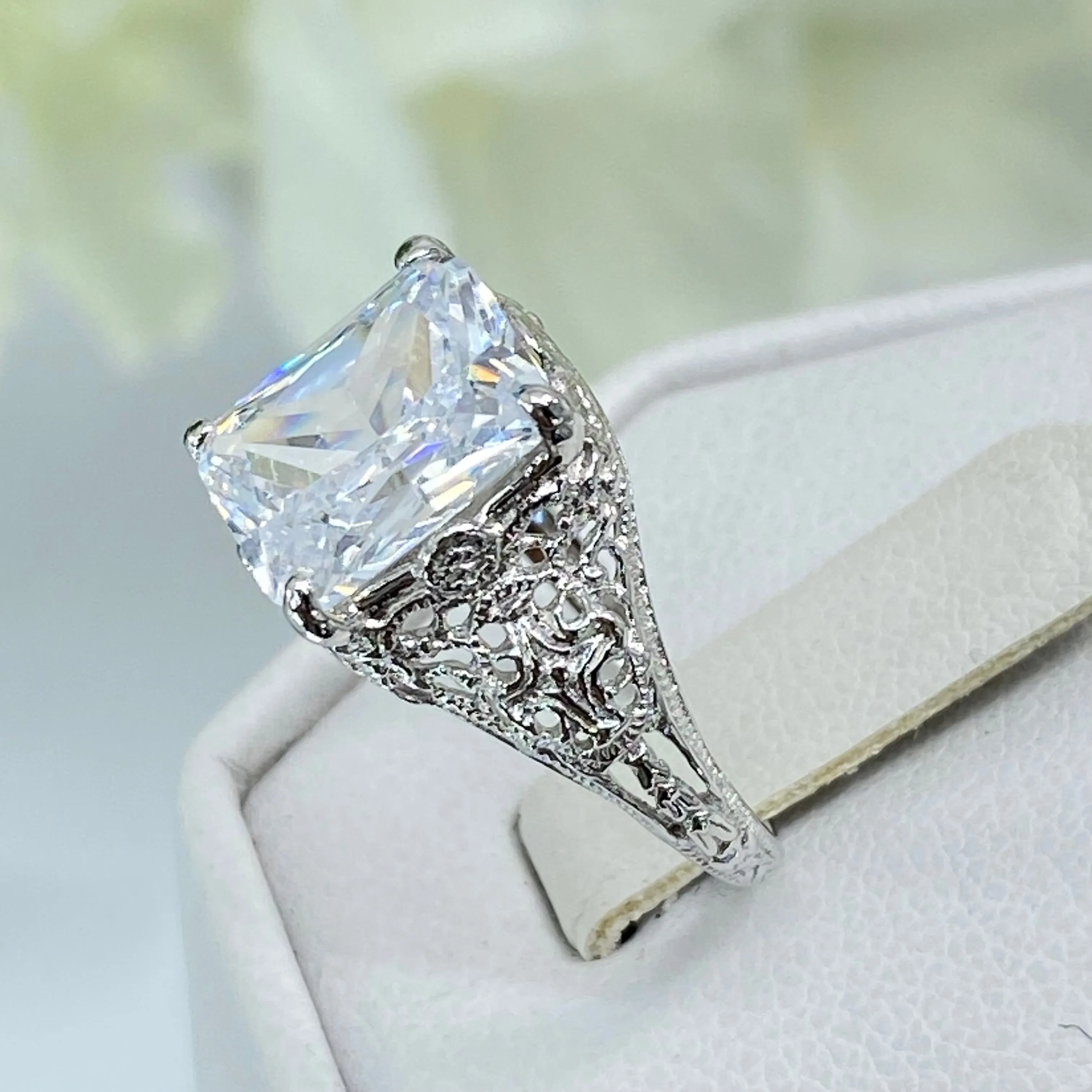 White CZ Ring, 4ct Rectangle Gem, White Gold plated Vintage Jewelry #D206