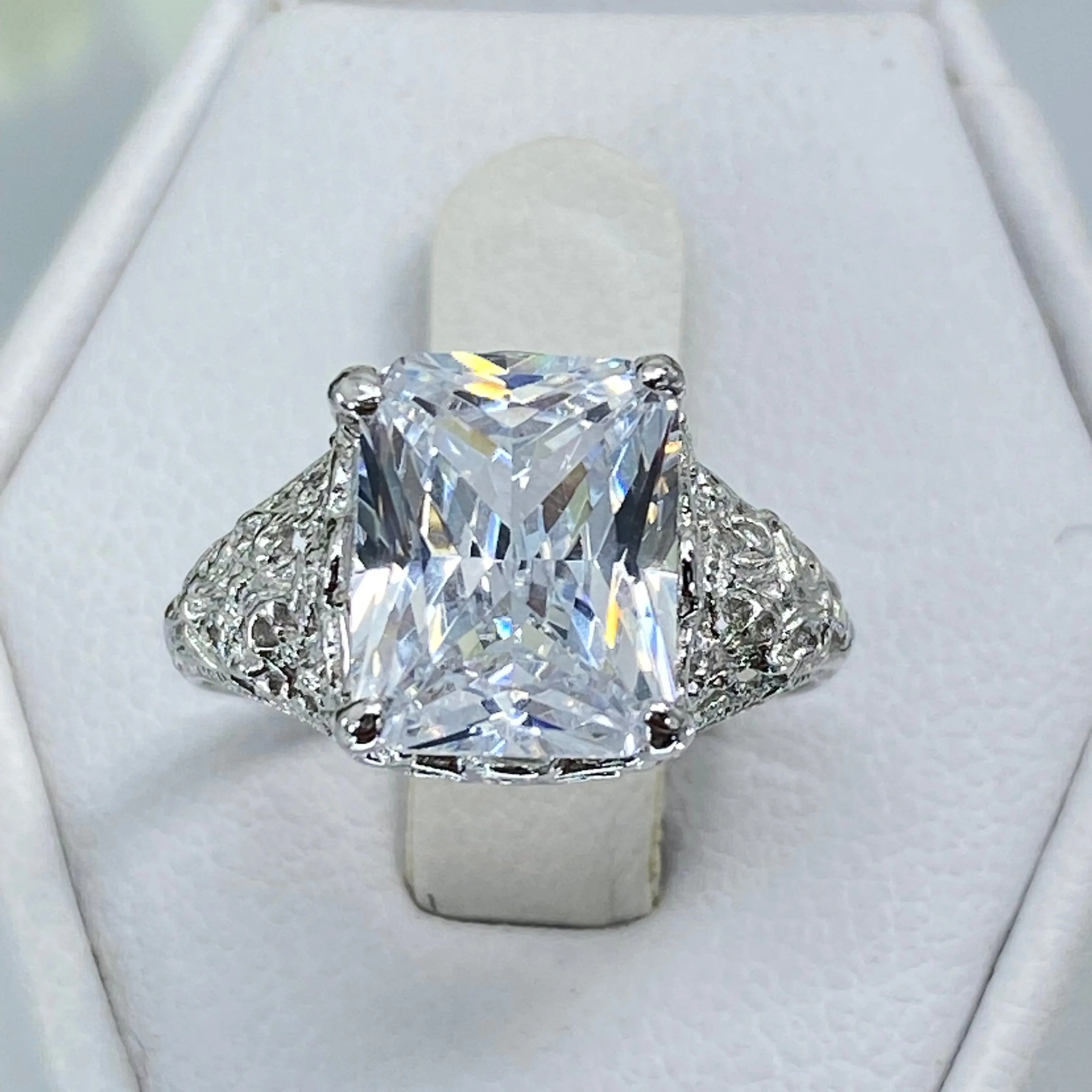 White CZ Ring, 4ct Rectangle Gem, White Gold plated Vintage Jewelry #D206