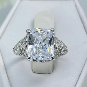 White CZ Ring, 4ct Rectangle Gem, White Gold plated Vintage Jewelry #D206