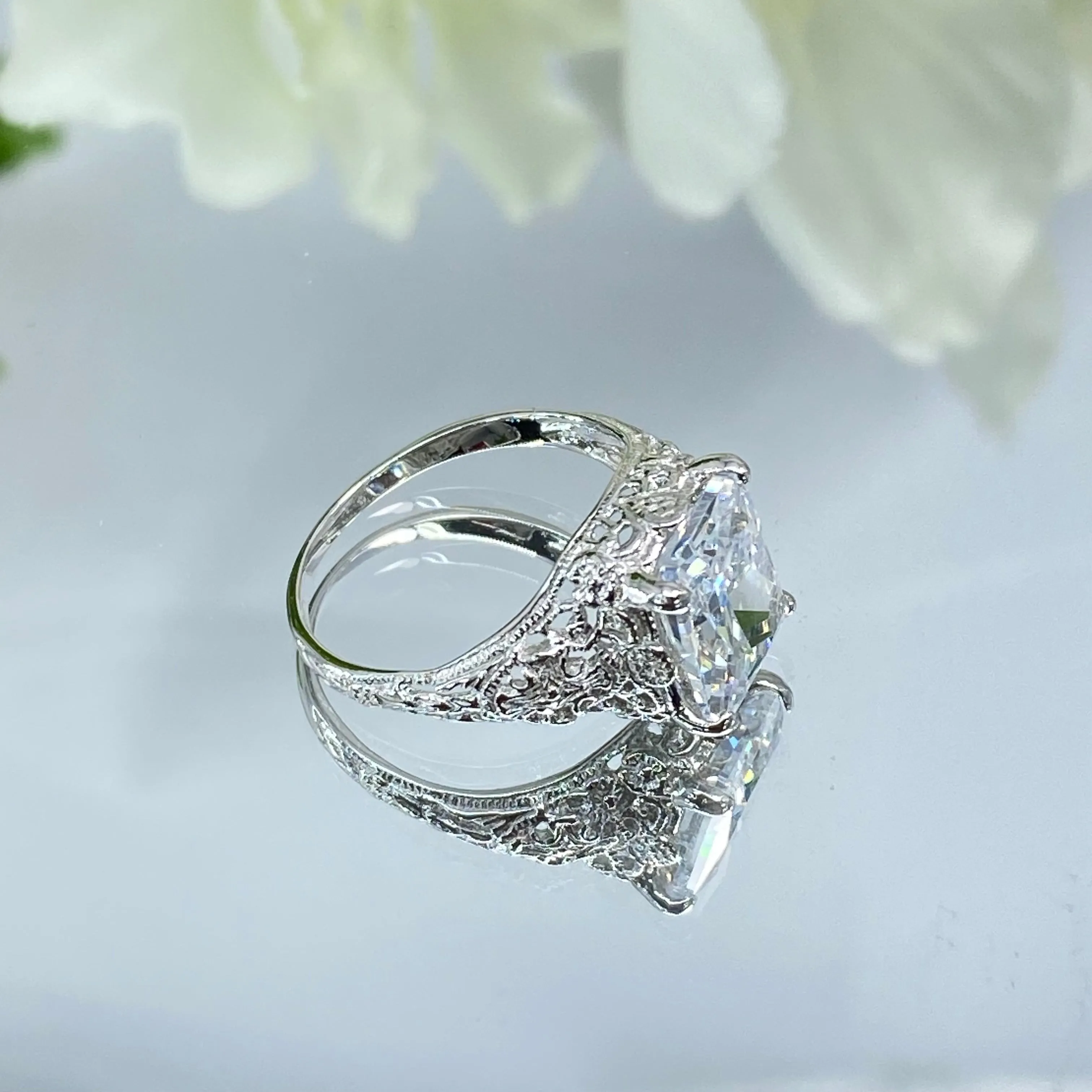 White CZ Ring, 4ct Rectangle Gem, White Gold plated Vintage Jewelry #D206