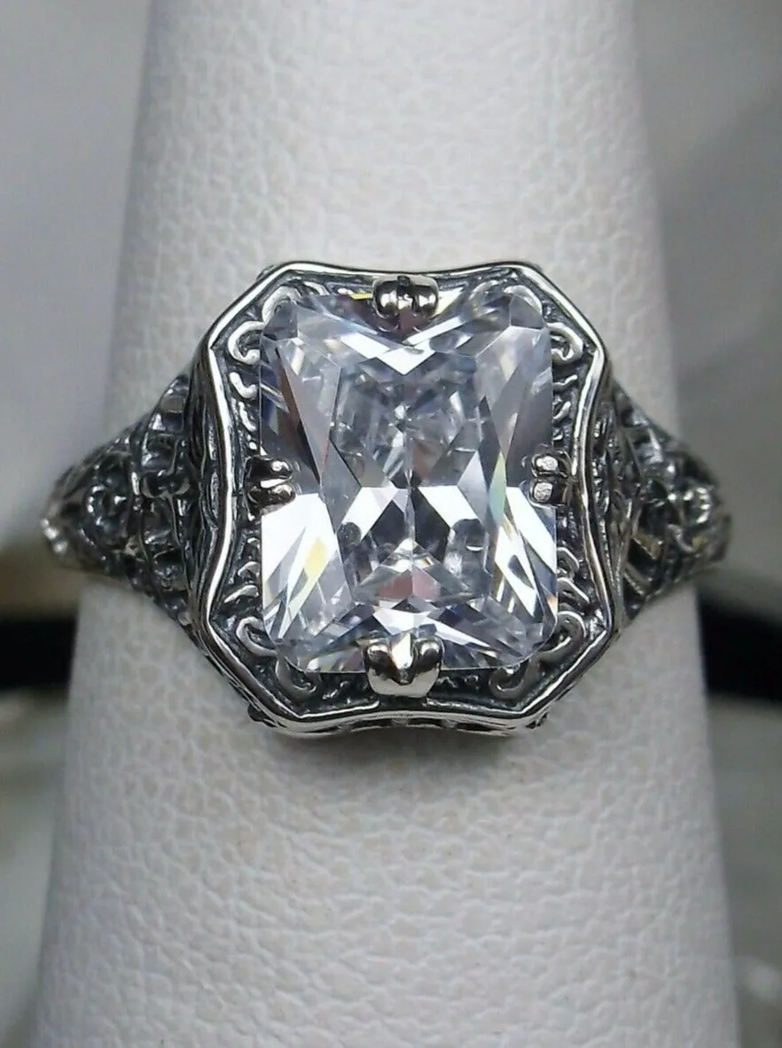 White CZ Ring, Lovely Rectangle Edwardian Style Jewelry #D148