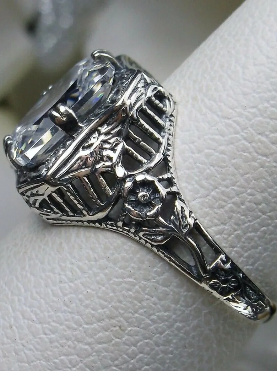 White CZ Ring, Lovely Rectangle Edwardian Style Jewelry #D148
