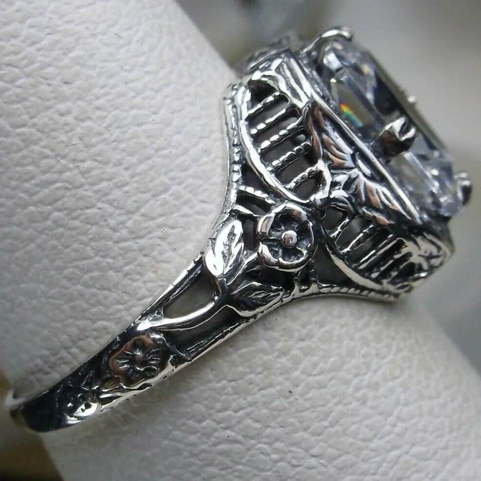 White CZ Ring, Lovely Rectangle Edwardian Style Jewelry #D148
