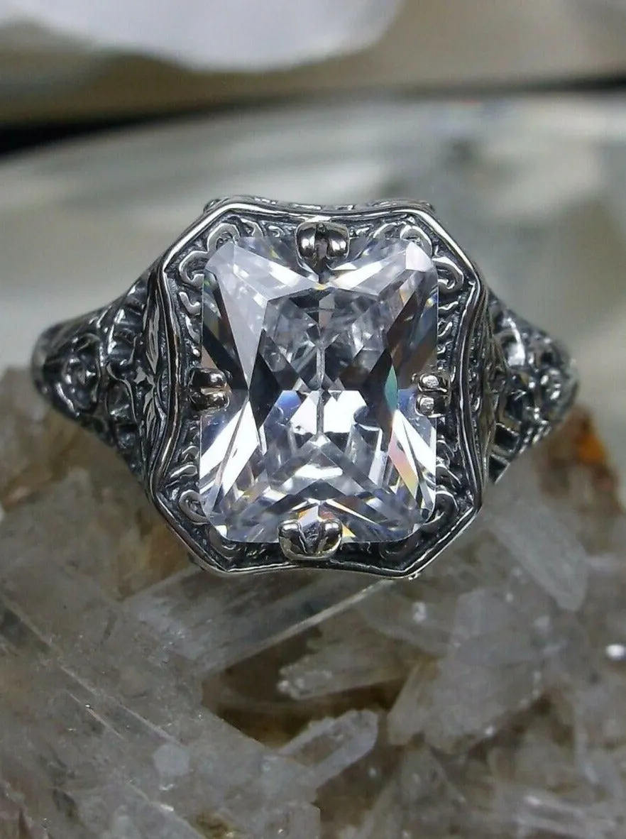 White CZ Ring, Lovely Rectangle Edwardian Style Jewelry #D148