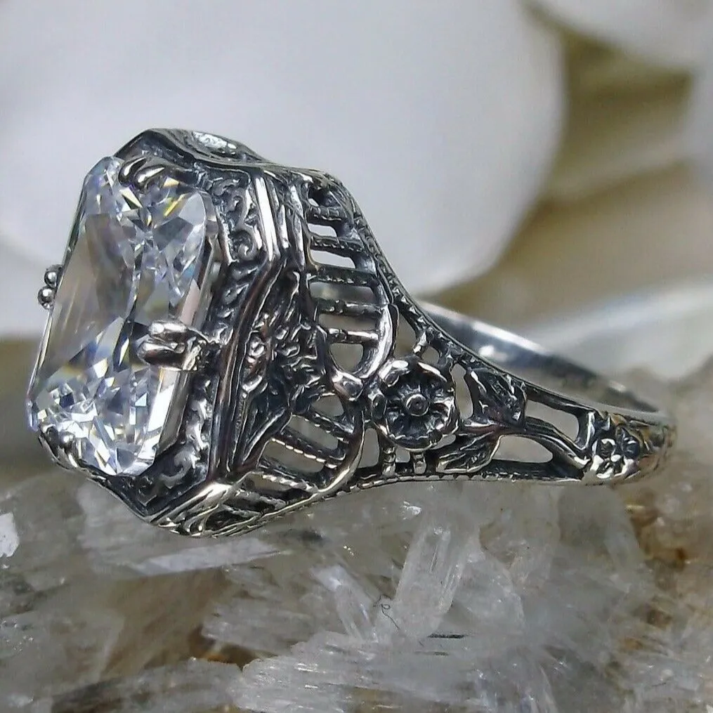 White CZ Ring, Lovely Rectangle Edwardian Style Jewelry #D148