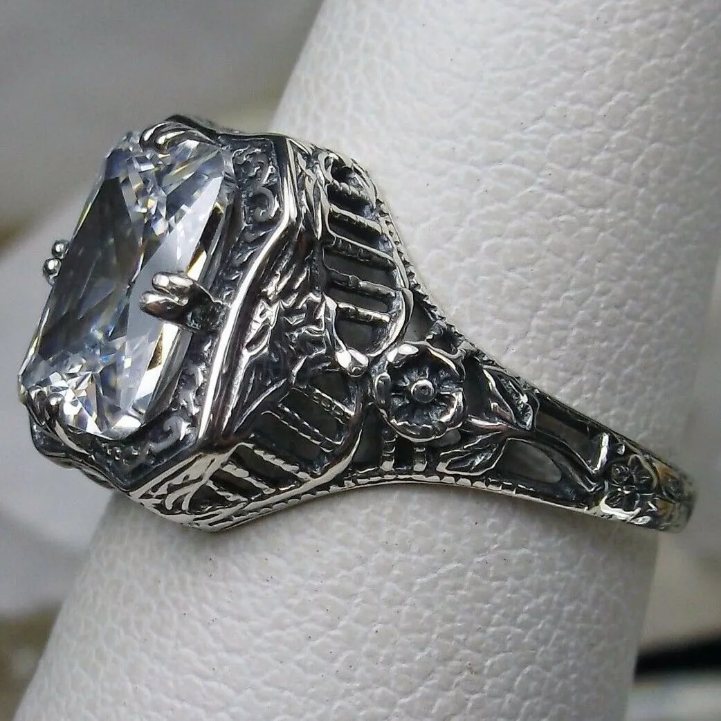 White CZ Ring, Lovely Rectangle Edwardian Style Jewelry #D148