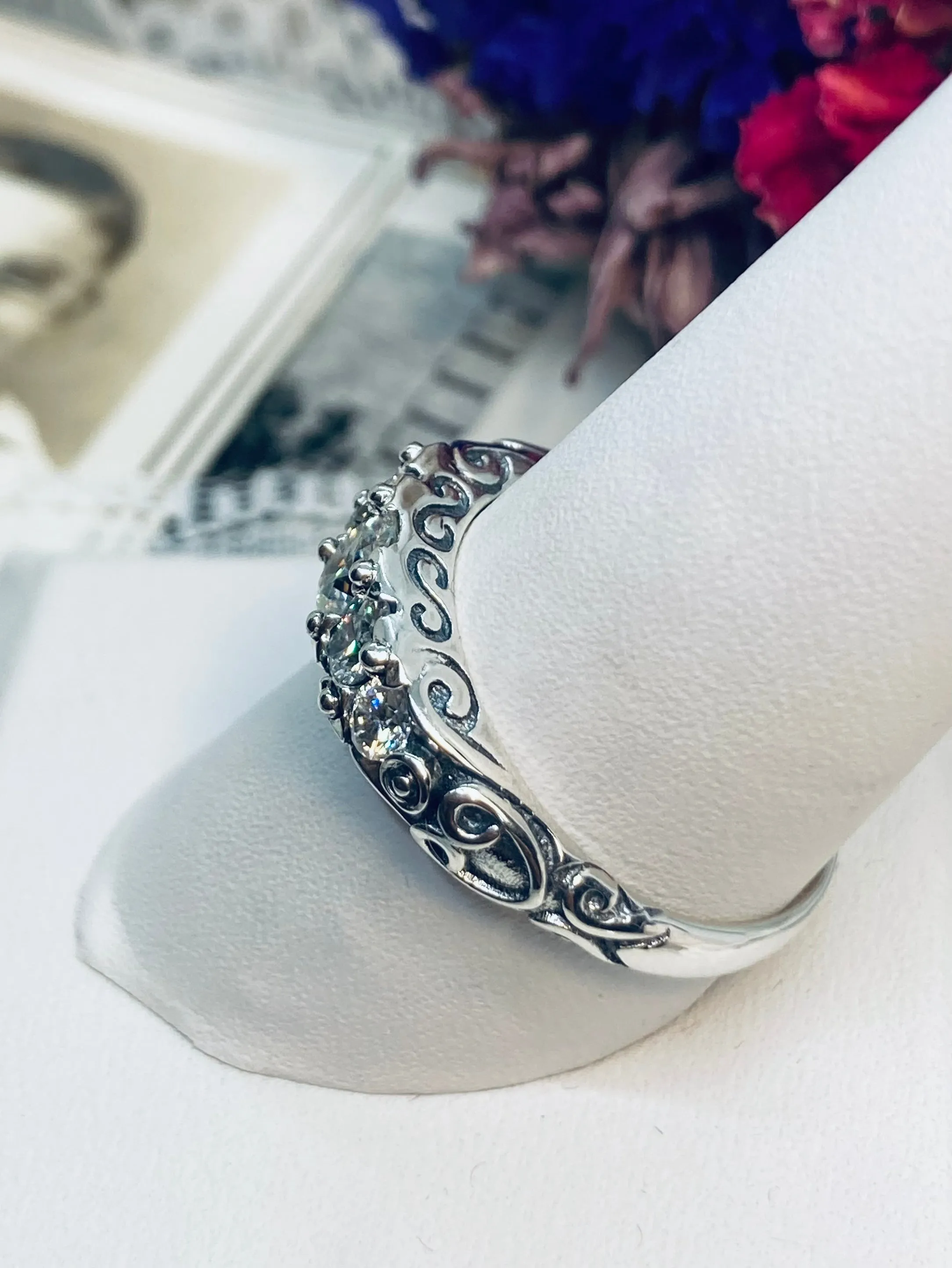 White CZ Ring, Size 9.5 Ring, 5-Stone Faux Diamond Georgian Ring, Victorian Jewelry Design#D19 - Ready to Ship