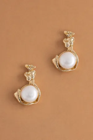 White Pearl Gold Cradle Earrings