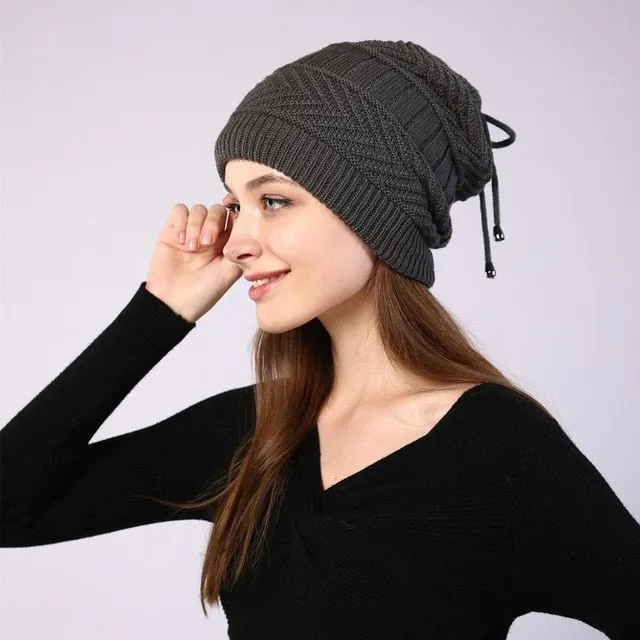 women knitted  Hat solid snood scarf warm winter Female Beanie cap