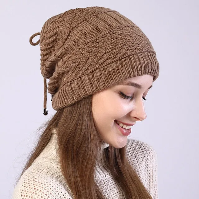 women knitted  Hat solid snood scarf warm winter Female Beanie cap