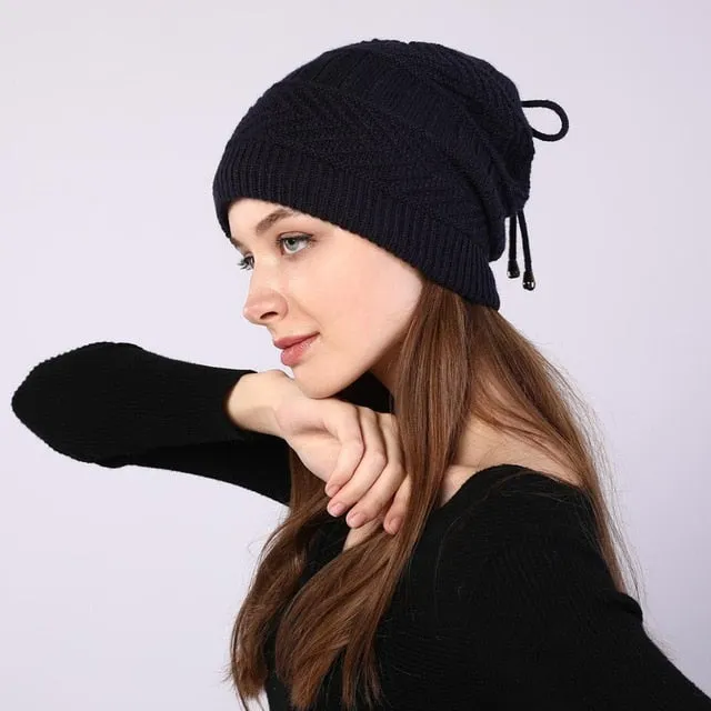 women knitted  Hat solid snood scarf warm winter Female Beanie cap