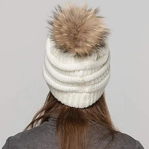 Women Winter Hat Large Raccoon Fur Pom Pom Beanie Hat Cream