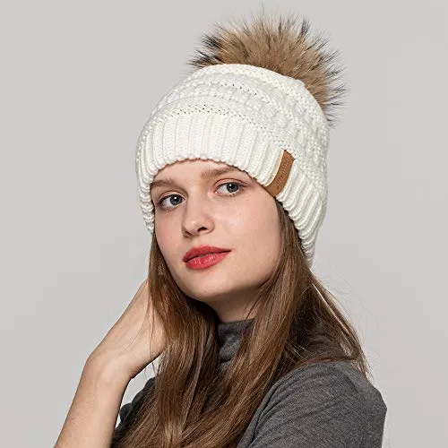 Women Winter Hat Large Raccoon Fur Pom Pom Beanie Hat Cream