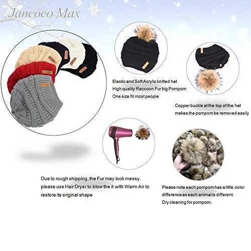 Women Winter Hat Large Raccoon Fur Pom Pom Beanie Hat Cream