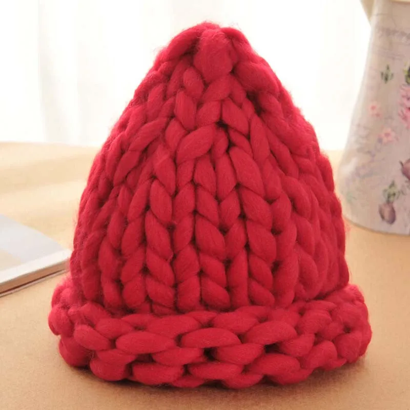 Women Winter Warm Hat Handmade Knitted Coarse Lines Cable Hats Knit Cap Candy Color Beanie Crochet Caps Women Accessories