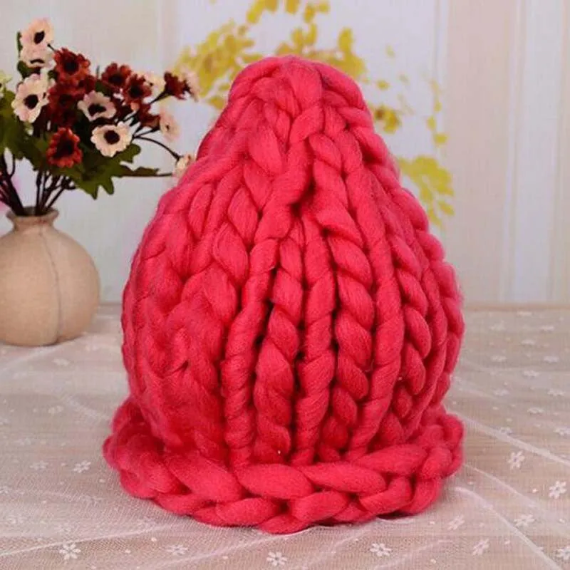 Women Winter Warm Hat Handmade Knitted Coarse Lines Cable Hats Knit Cap Candy Color Beanie Crochet Caps Women Accessories