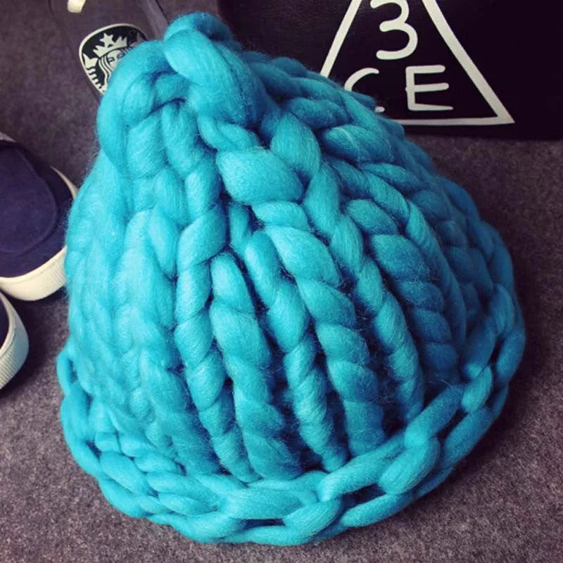 Women Winter Warm Hat Handmade Knitted Coarse Lines Cable Hats Knit Cap Candy Color Beanie Crochet Caps Women Accessories