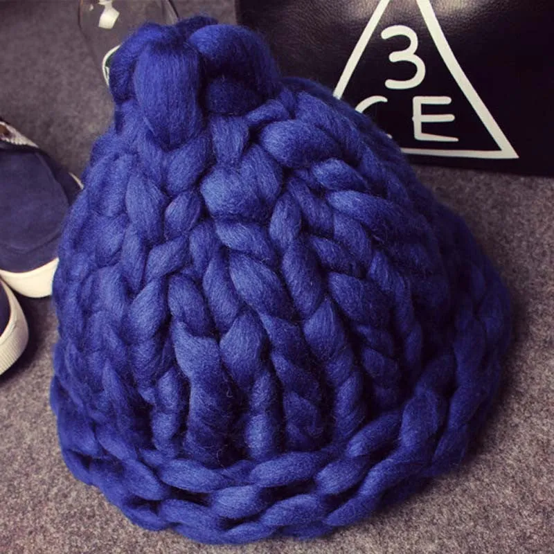 Women Winter Warm Hat Handmade Knitted Coarse Lines Cable Hats Knit Cap Candy Color Beanie Crochet Caps Women Accessories