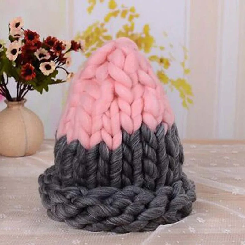 Women Winter Warm Hat Handmade Knitted Coarse Lines Cable Hats Knit Cap Candy Color Beanie Crochet Caps Women Accessories