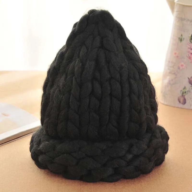 Women Winter Warm Hat Handmade Knitted Coarse Lines Cable Hats Knit Cap Candy Color Beanie Crochet Caps Women Accessories