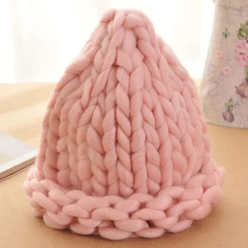 Women Winter Warm Hat Handmade Knitted Coarse Lines Cable Hats Knit Cap Candy Color Beanie Crochet Caps Women Accessories
