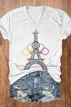Women's 2024 Paris Olympics Games Eiffel Tower Casual V-Neck Tee