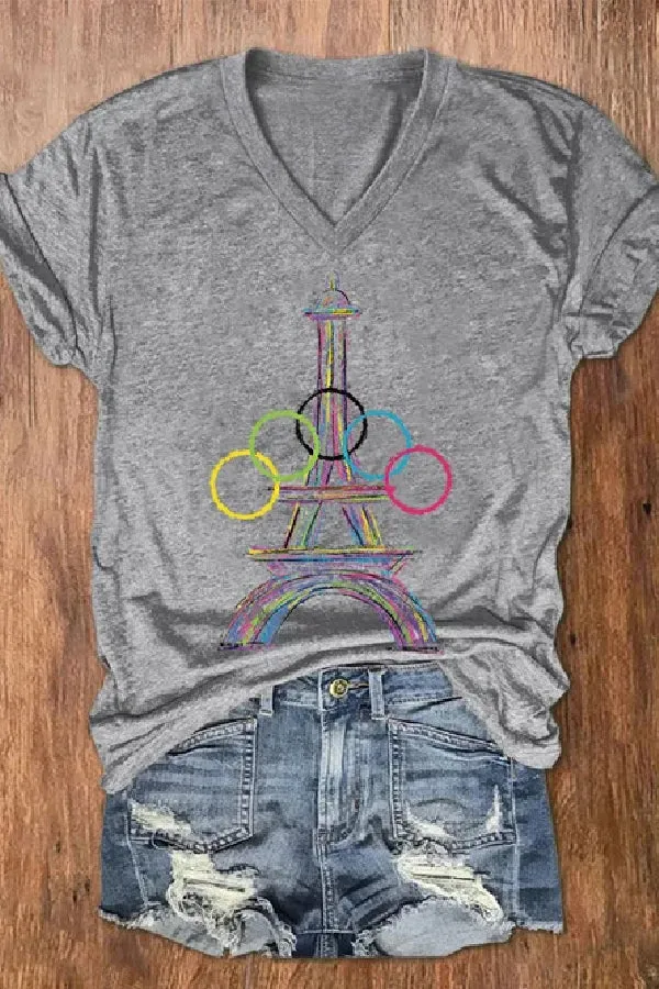 Women's 2024 Paris Olympics Games Eiffel Tower Casual V-Neck Tee
