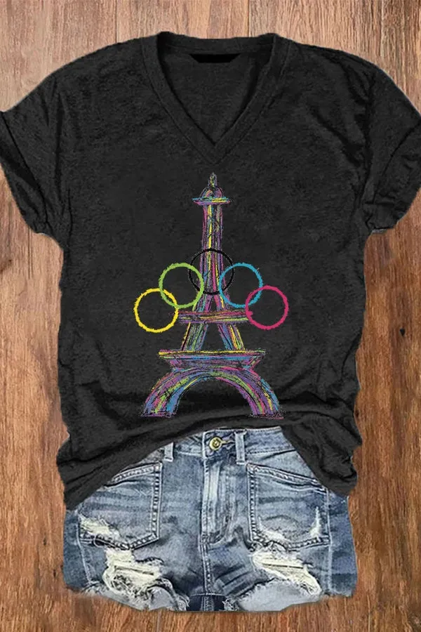 Women's 2024 Paris Olympics Games Eiffel Tower Casual V-Neck Tee