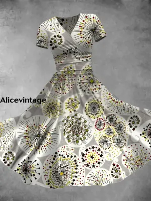 Women's Abstract Art Print V-Neck Short Sleeve Midi Dress