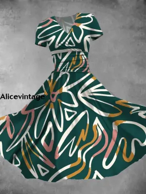 Women's Contrast Art Print Short Sleeve V-Neck Midi Dress